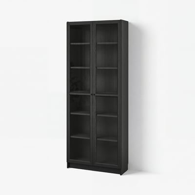 BILLY / OXBERG Bookcase with glass doors, black oak effect, 80x30x202 cm