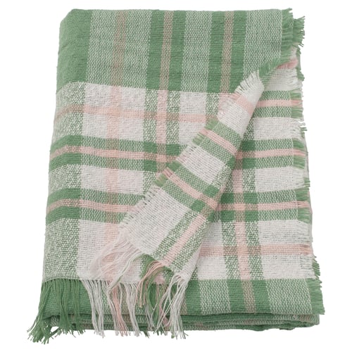 BISKOPSMÖSSA green & white throw blanket, soft, fringed, recycled polyester.