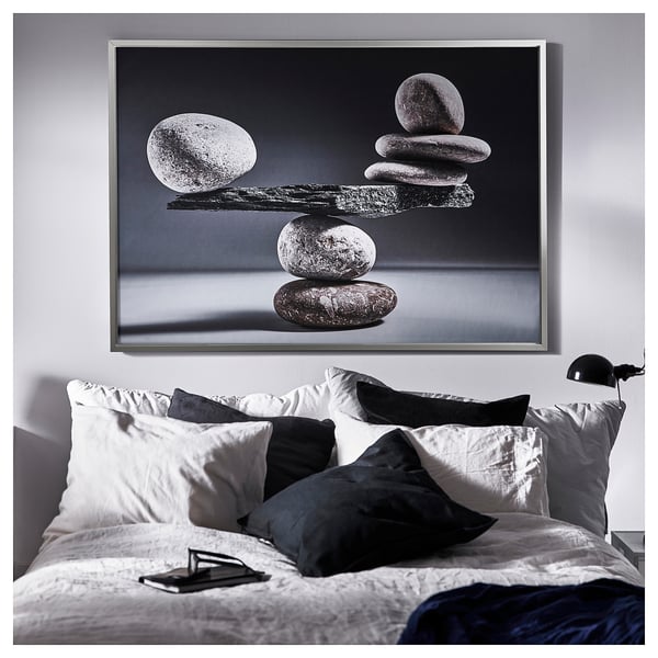 BJÖRKSTA Picture with frame, balanced rocks/aluminium-colour, 140x100 cm