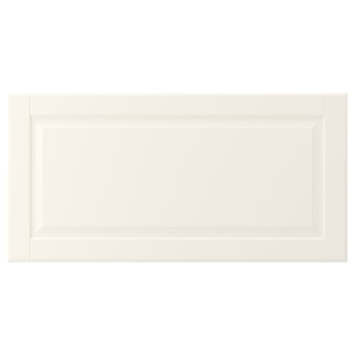 Displays a white BODBYN cabinet door with a smooth, rectangular design and bevelled panels.