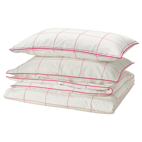 BREDVECKLARE duvet set, white with pink grid lines, smooth cotton-viscose, squared shape, folded neatly.