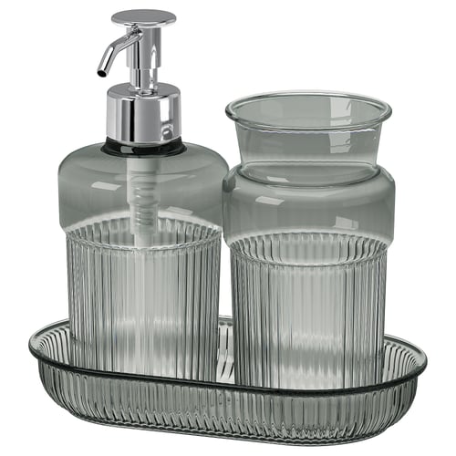 Brofjarden bathroom set: grey soap dispenser, cup, and tray with chrome pump.