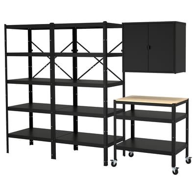 BROR Storage w shelves/cabinet/trolley, black/pine plywood