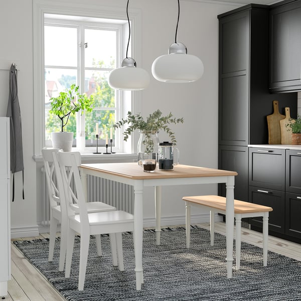 DANDERYD / INGOLF Table with 2 chairs and bench, oak veneer white/white, 130x80 cm