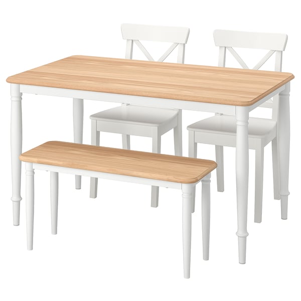 DANDERYD / INGOLF Table with 2 chairs and bench, oak veneer white/white, 130x80 cm