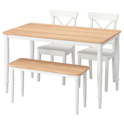 DANDERYD / INGOLF Table with 2 chairs and bench, oak veneer white/white, 130x80 cm