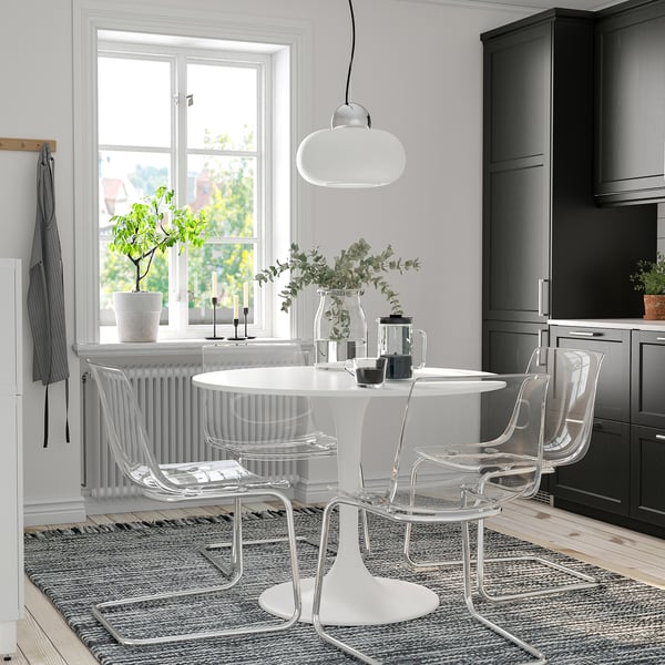 DOCKSTA / TOBIAS Table and 4 chairs, white white/transparent chrome-plated, 103 cm