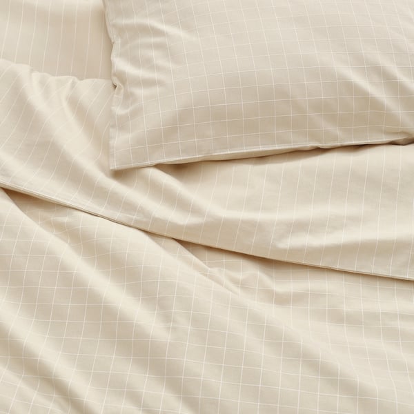 DOFTAKLEJA Duvet cover and 2 pillowcases, beige/white, 240x220/50x80 cm