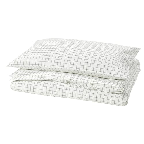 A white DOFTAKLEJA duvet cover, featuring a stitched check pattern and stripes, made of 100% cotton.