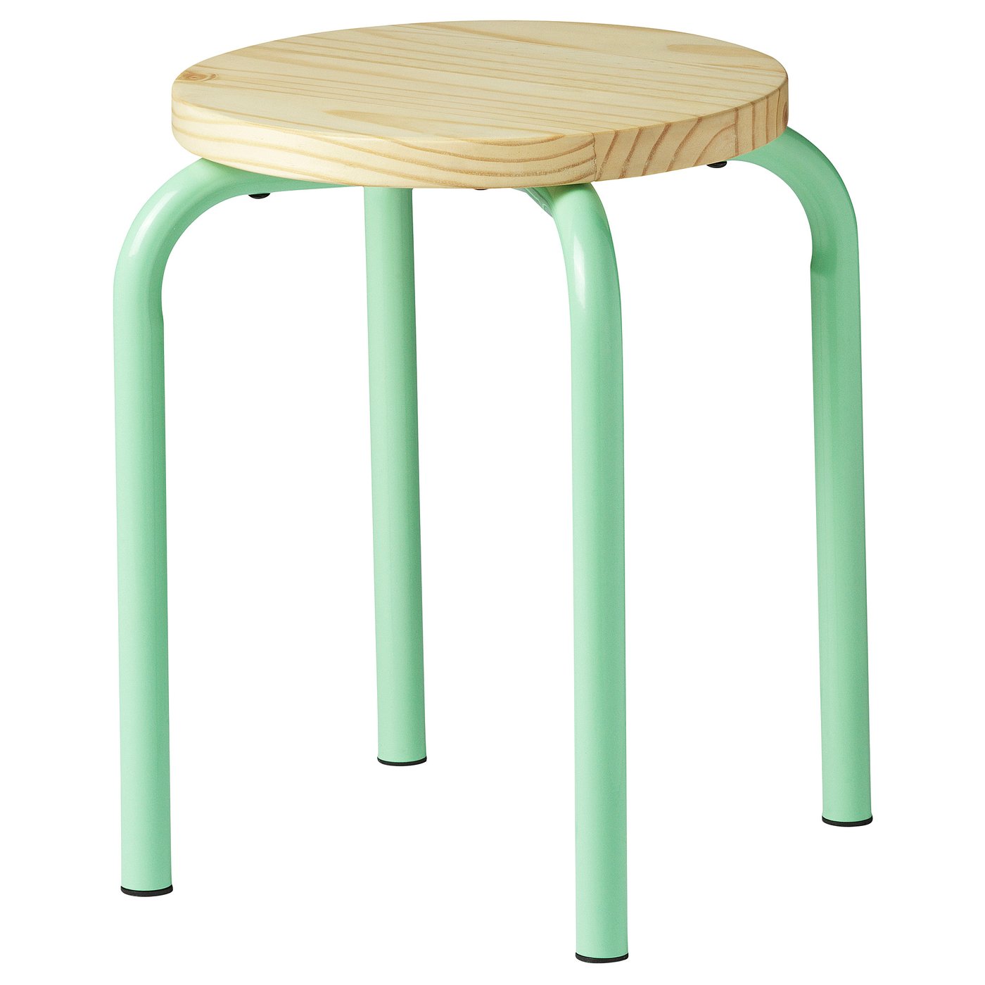A round, light green DOMSTEN stool with a wooden seat and metal legs. It is stackable and has a modern design.