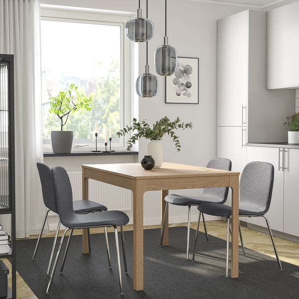 EKEDALEN / KARLPETTER Table and 4 chairs, oak/Gunnared medium grey chrome-plated, 120/180 cm
