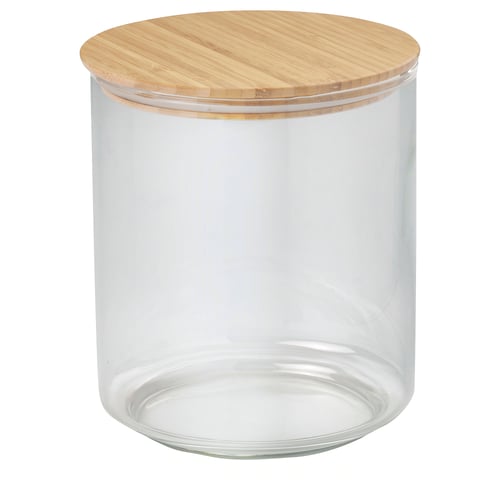 Clear glass food jar with bamboo lid, cylindrical shape.