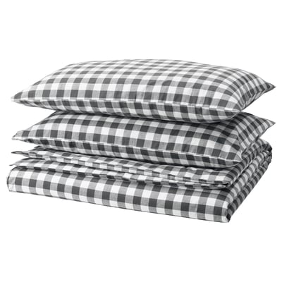 EKTANDVINGE Duvet cover and 2 pillowcases, anthracite white/check, 240x220/50x80 cm