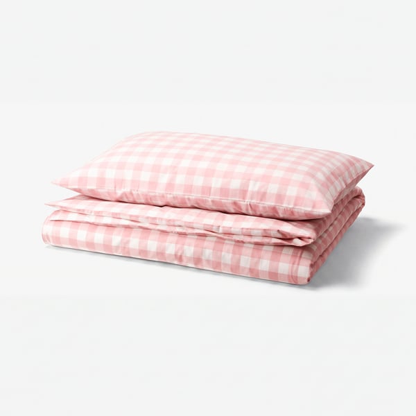 EKTANDVINGE Duvet cover and pillowcase, light pink white/check, 150x200/50x80 cm