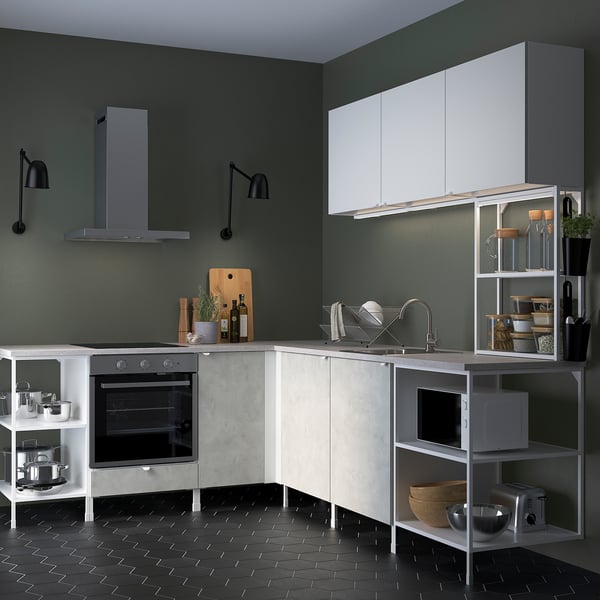 ENHET Corner kitchen, white/concrete effect white