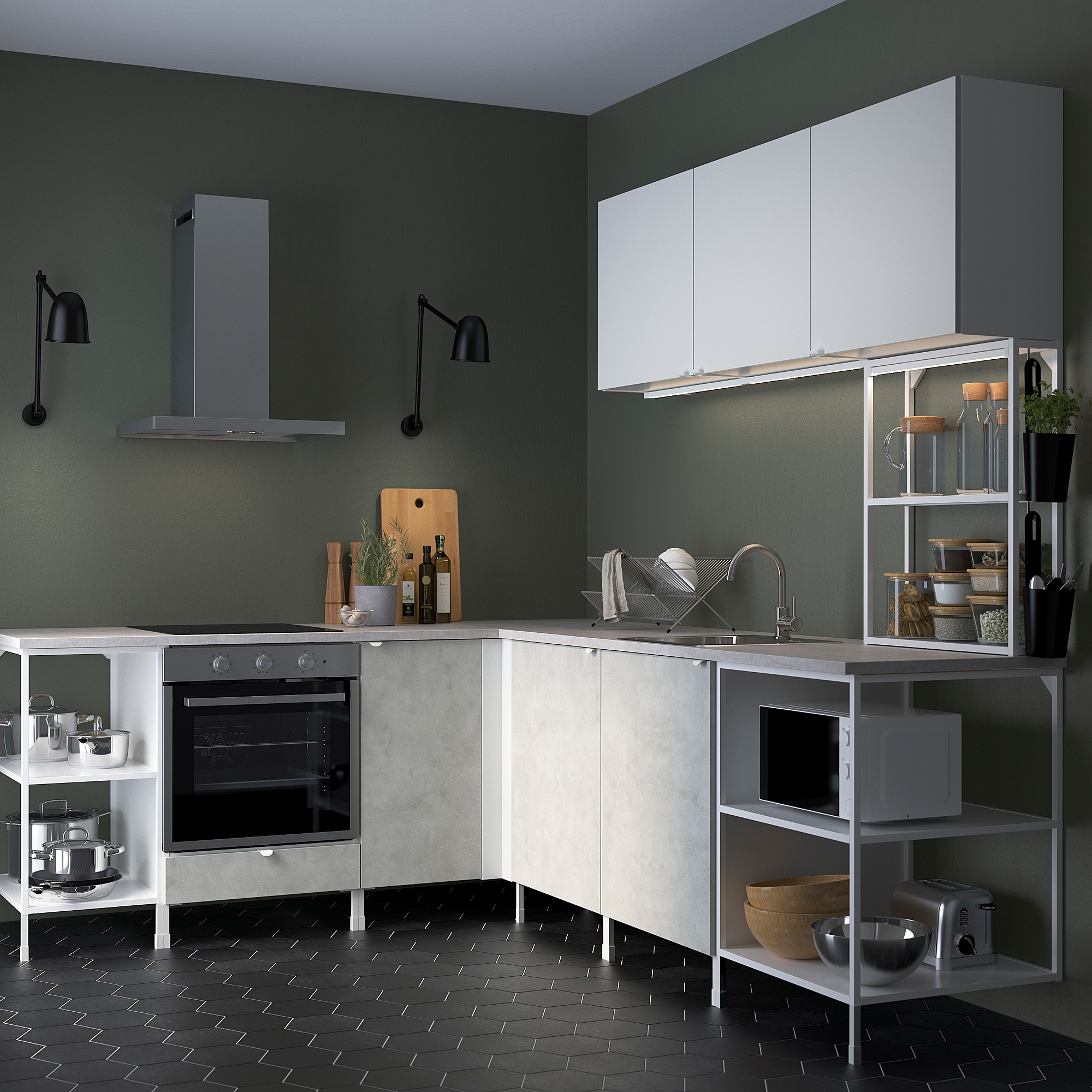 ENHET Corner kitchen, white/concrete effect white