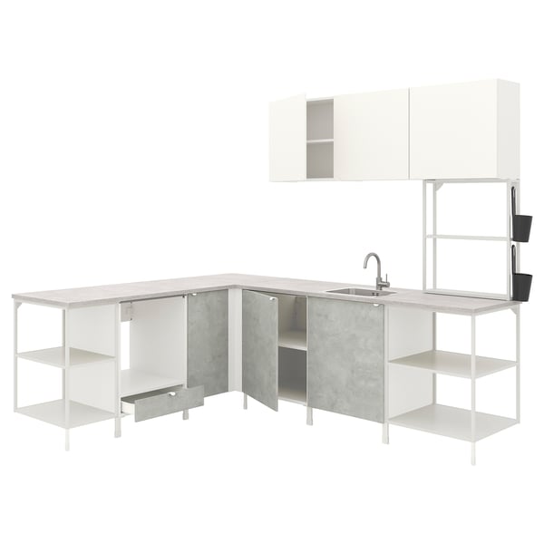 ENHET Corner kitchen, white/concrete effect white