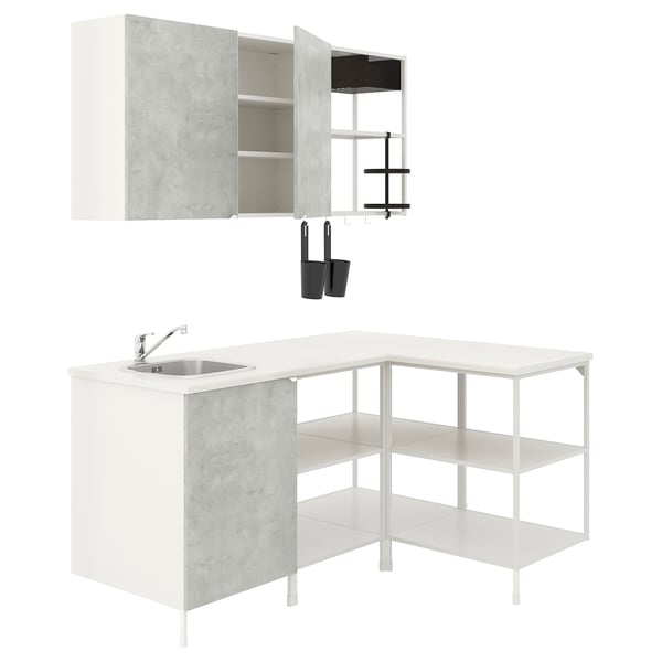 ENHET Corner kitchen, white/concrete effect