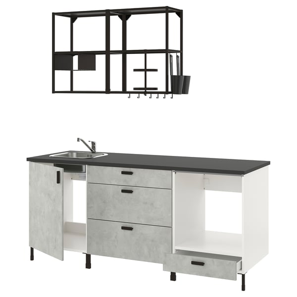 ENHET Kitchen, anthracite/concrete effect, 203x63.5x222 cm
