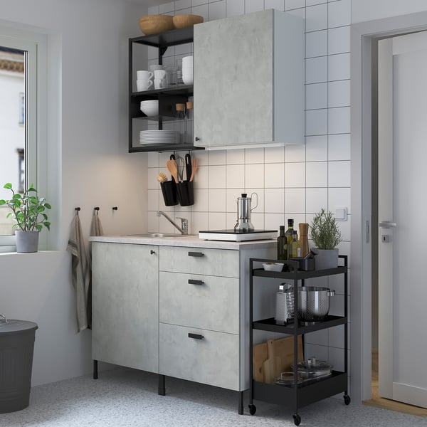 ENHET Kitchen, anthracite/concrete effect, 123x63.5x222 cm