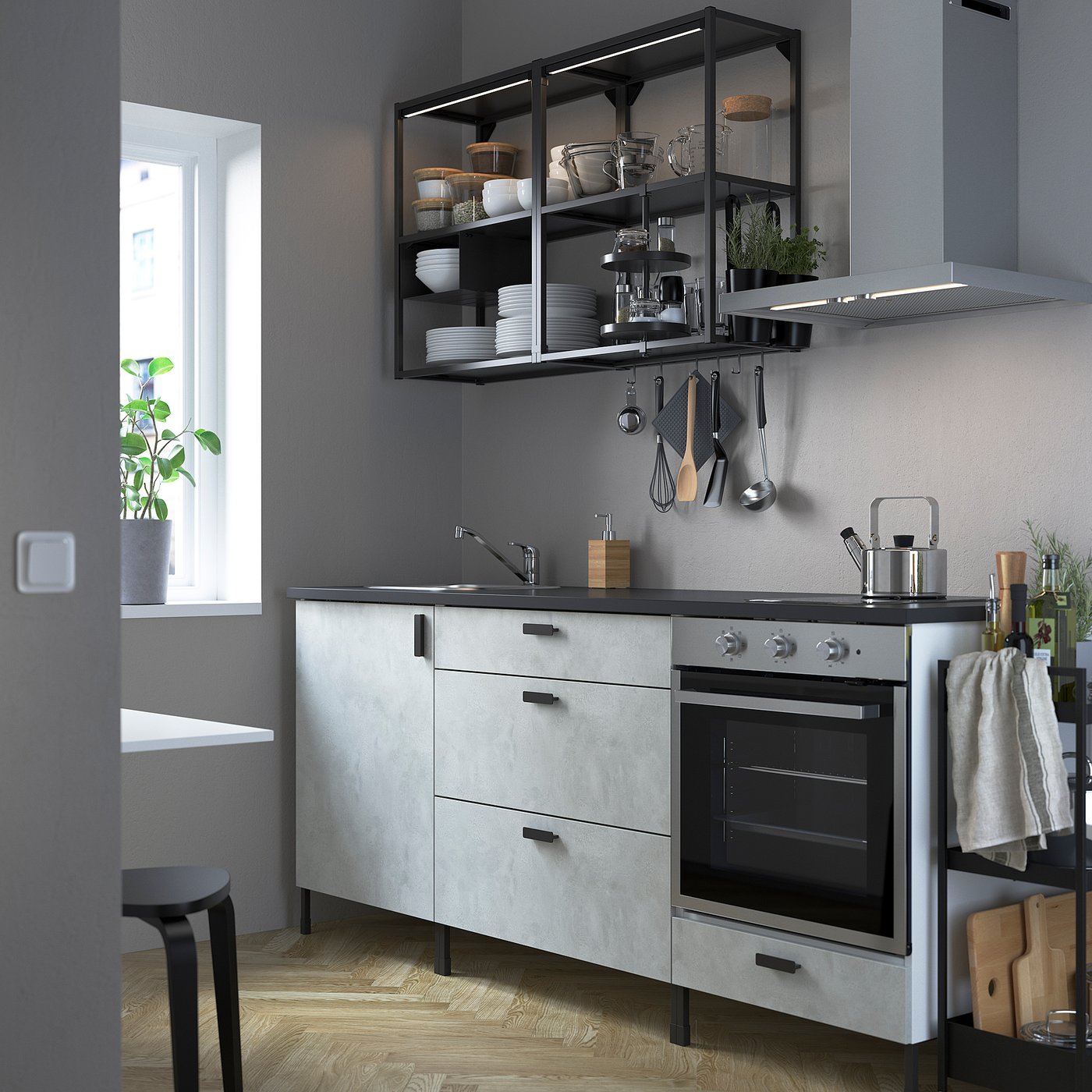 ENHET Kitchen, anthracite/concrete effect, 203x63.5x222 cm