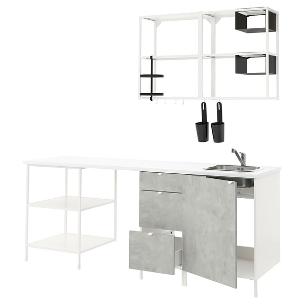 ENHET Kitchen, white/concrete effect, 223x63.5x222 cm