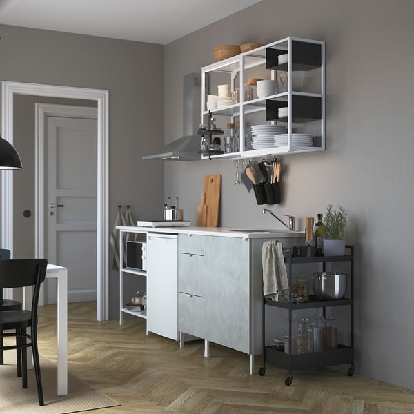 ENHET Kitchen, white/concrete effect, 223x63.5x222 cm