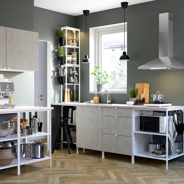 ENHET Kitchen, white/concrete effect, 243x63.5x241 cm