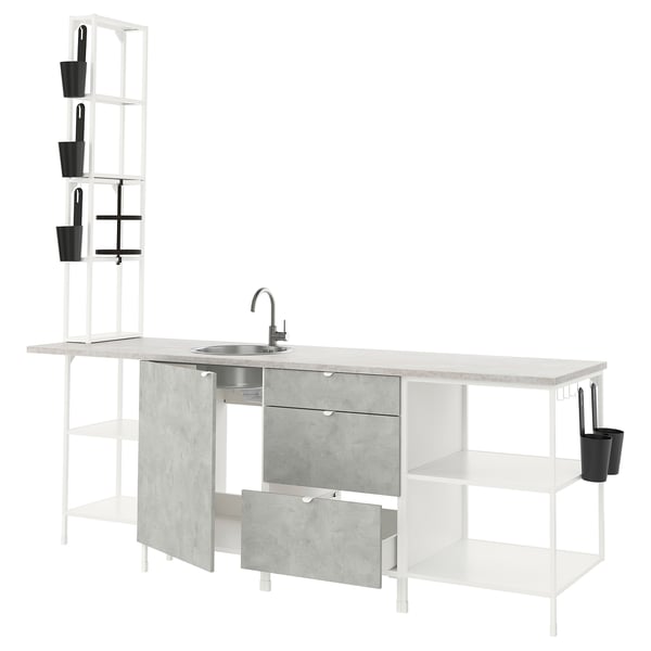 ENHET Kitchen, white/concrete effect, 243x63.5x241 cm
