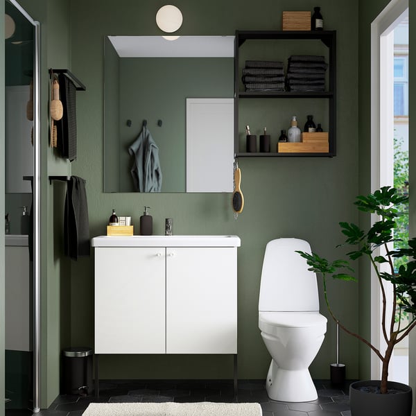 ENHET / TVÄLLEN Bathroom furniture, set of 11, white/anthracite Pilkån tap, 84x43x87 cm