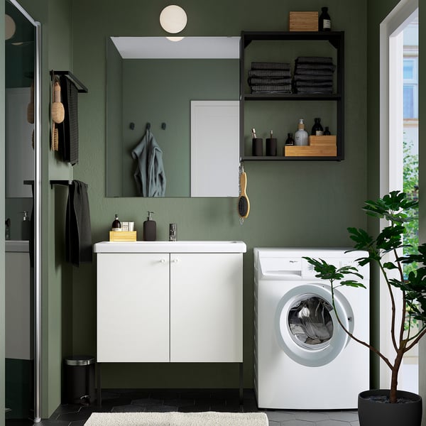 ENHET / TVÄLLEN Bathroom furniture, set of 11, white/anthracite Pilkån tap, 84x43x87 cm