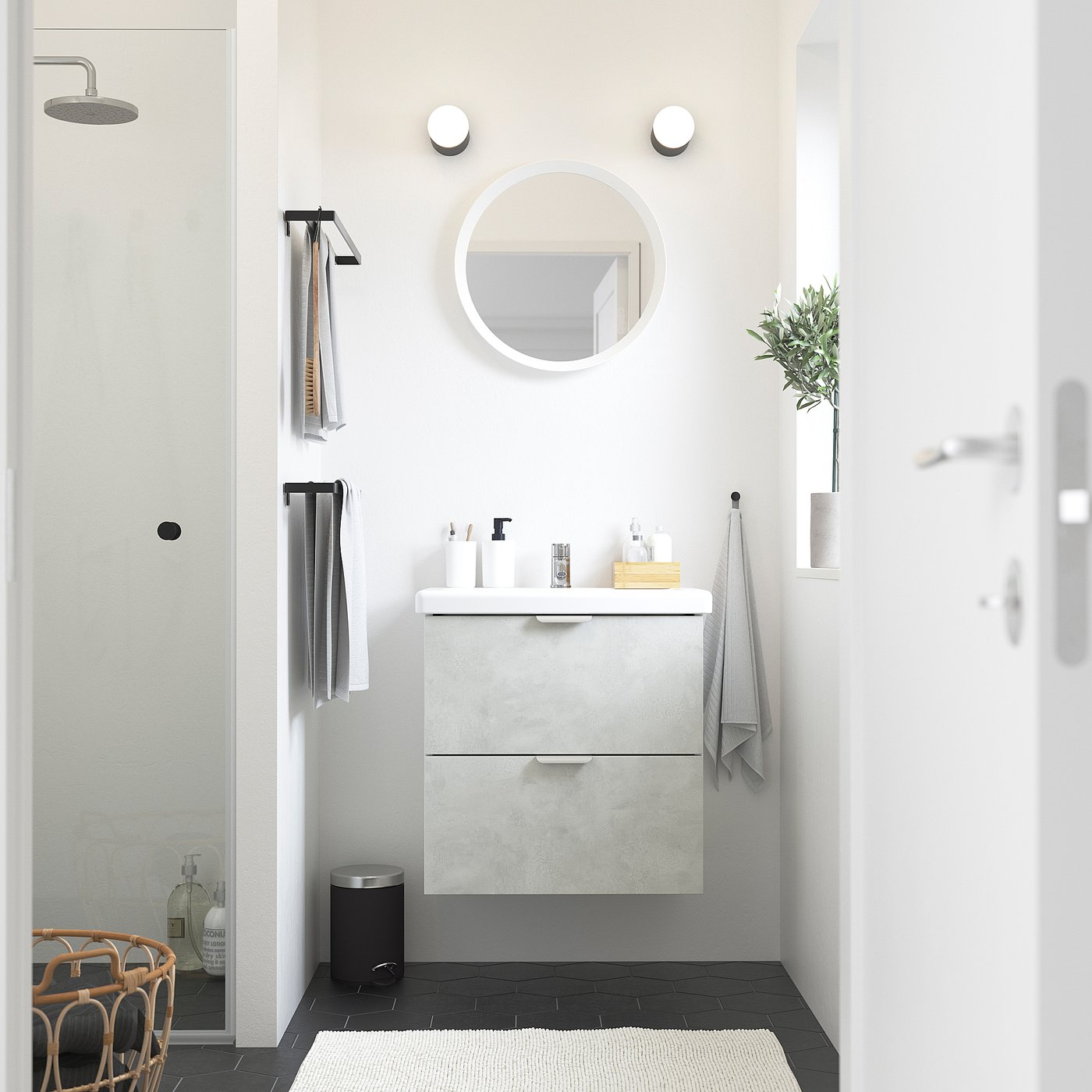 ENHET / TVÄLLEN Wash-stand with 2 drawers, concrete effect/white Pilkån tap, 64x43x65 cm