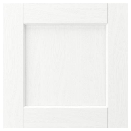 A white ENKÖPING cabinet door with a subtle wood grain texture. Its square-shaped with a classic, framed design.