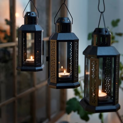 ENRUM Lantern for tealight, in/outdoor, black, 22 cm