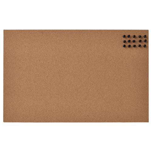Brown cork bulletin board with push pins for hanging notes or photos.