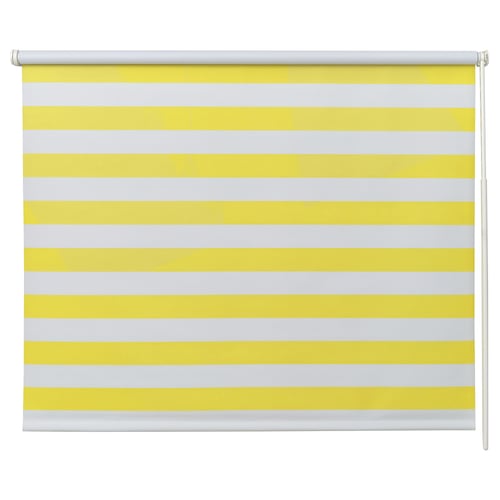 A yellow and white striped FRIDANS roller blind made from recycled polyester. It horizontal stripes and is designed to block out light.