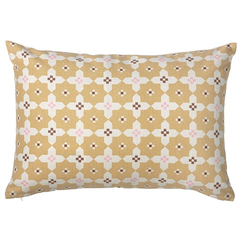Gokvallå cushion, beige-white-brown, geometric mosaic pattern, rectangle, jute-cotton blend.