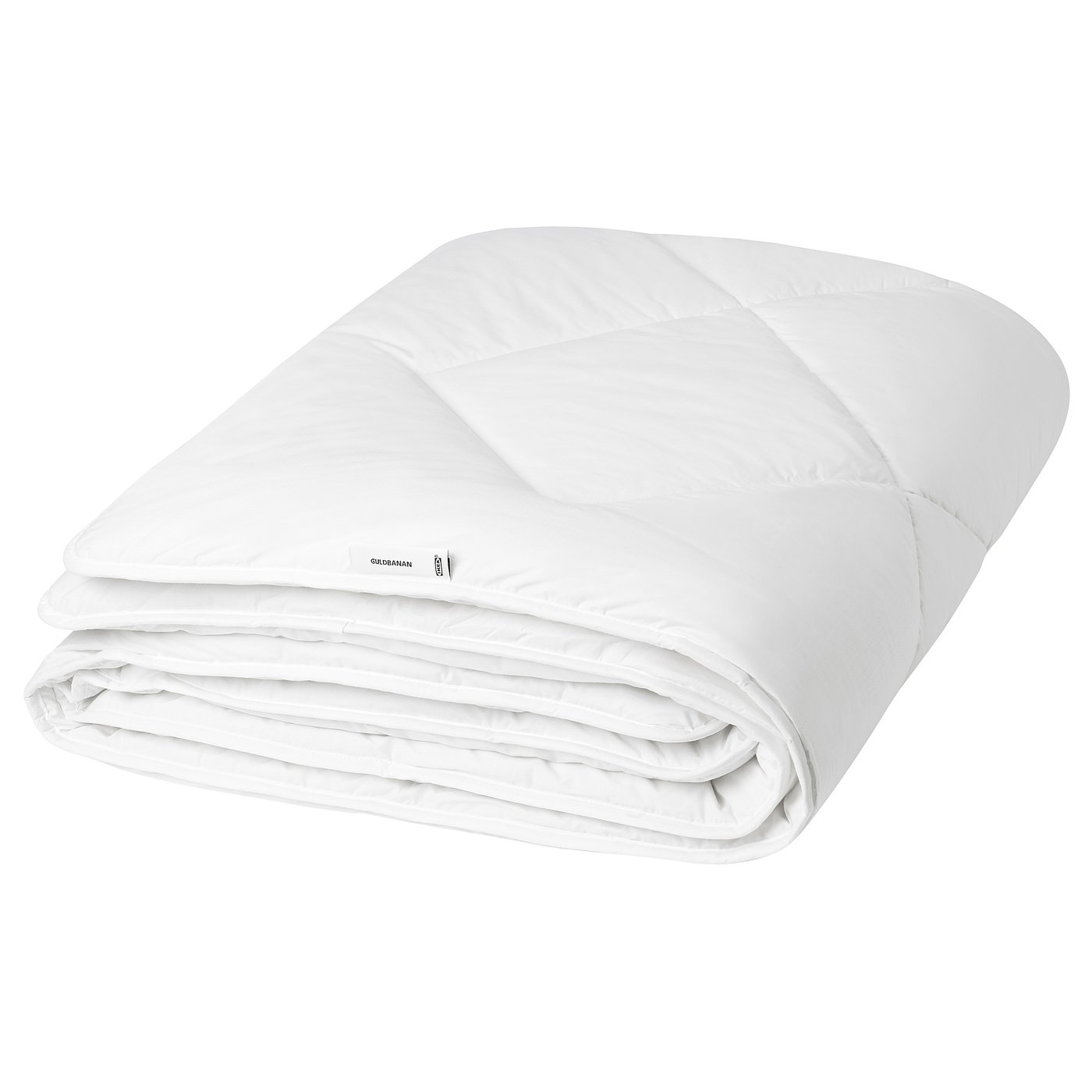 Folded white GULDBANAN duvet with cotton and wool, neatly rolled and labelled.