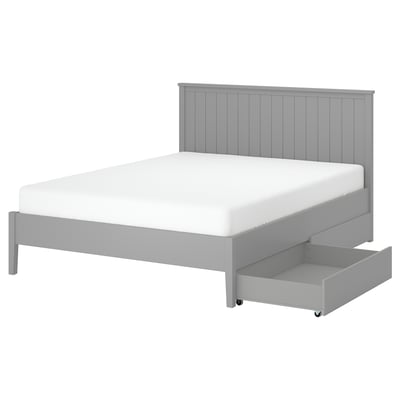 GULLABERG grey bed, wooden, rectangular, simple design, with 2 drawers on casters for storage.