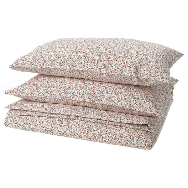 GULLNATTLJUS Duvet cover and 2 pillowcases, white/floral pattern, 240x220/50x80 cm
