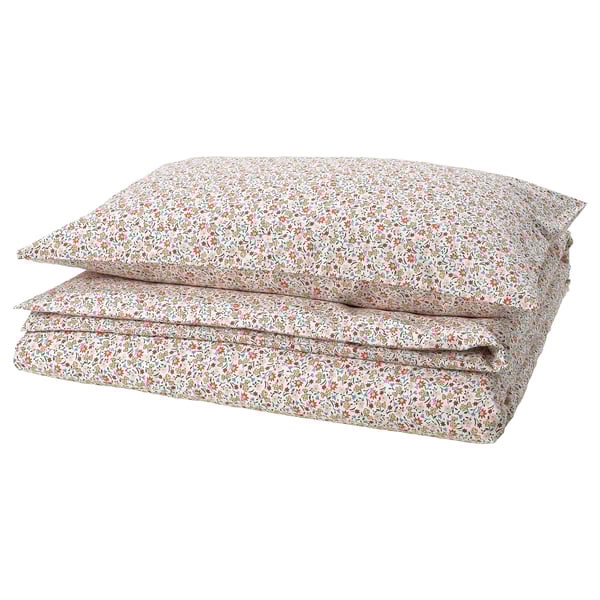 GULLNATTLJUS Duvet cover and pillowcase, white/floral pattern, 150x200/50x80 cm