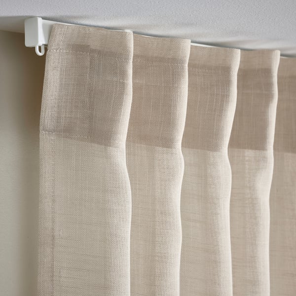 HÄLLEBRÄCKA Sheer curtains, 1 pair, light beige/with heading tape, 145x300 cm