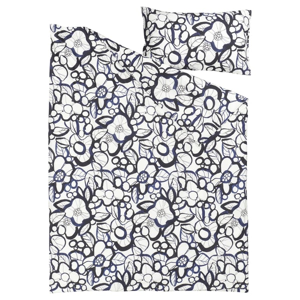 HÄRLIR Duvet cover and pillowcase, white black/blue floral pattern, 150x200/50x80 cm