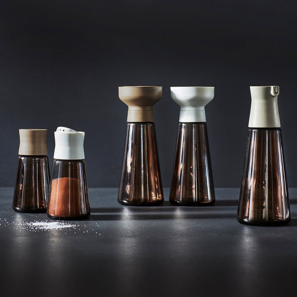 HALVTOM Spice mill, glass/brown, 19 cm