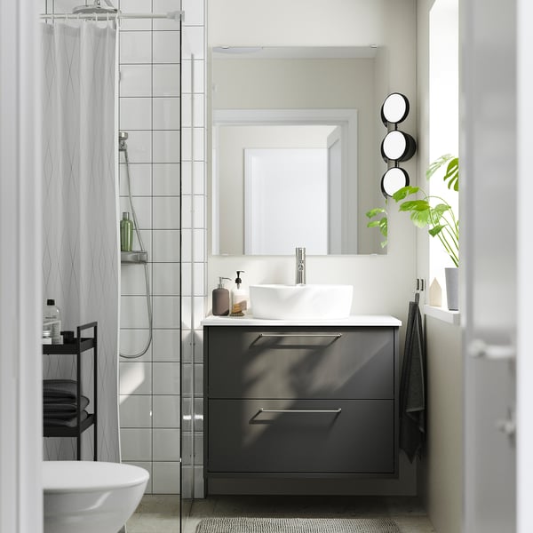 HAVBÄCK / TÖRNVIKEN Wash-stnd w drawers/wash-basin/tap, dark grey/white marble effect, 82x49x79 cm