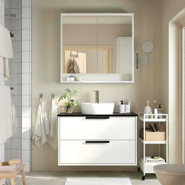 HAVBÄCK / TÖRNVIKEN Wash-stnd w drawers/wash-basin/tap, white/black marble effect, 102x49x79 cm