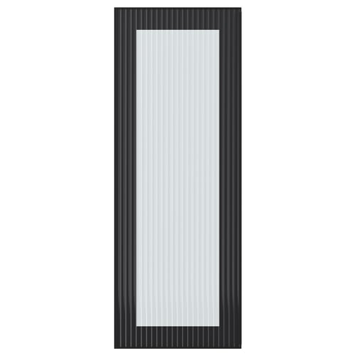 Black framed glass door with vertical lines and frosted centre.