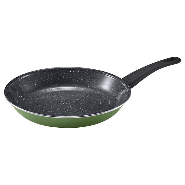 A green HEMLAGAD frying pan with an ergonomic handle and non-stick interior.