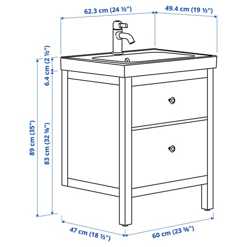 Illustration with measurements for the product: HEMNES.