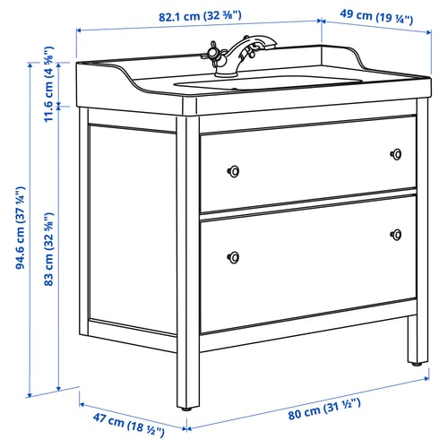Illustration with measurements for the product: HEMNES.